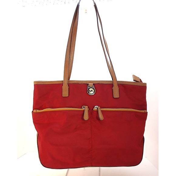 Michael Kors Kempton Red Nylon Tote Bag Tan Leather Trim Double Zip Pockets - Picture 1 of 8